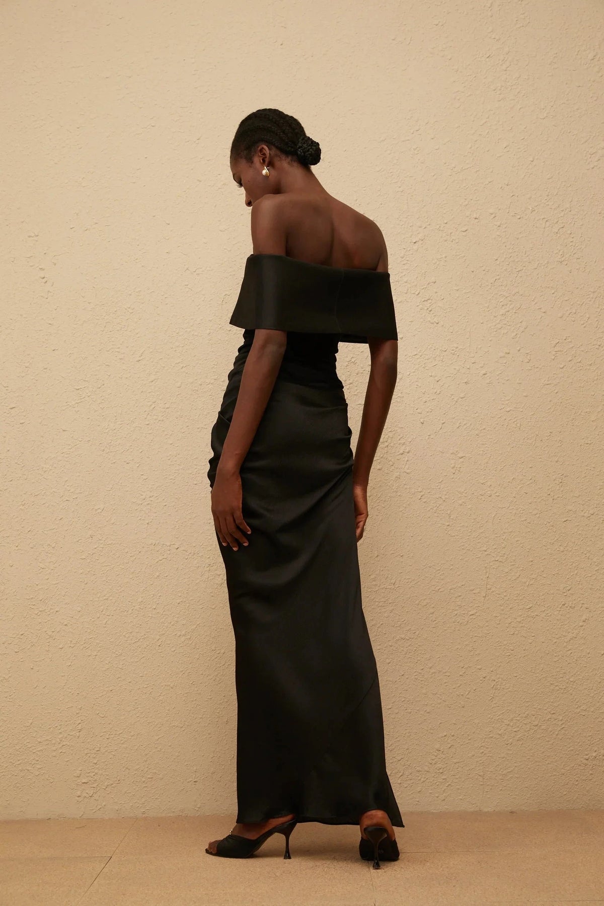 Black Off - Shoulder Ruched Maxi Dress Black Off-Shoulder Satin Maxi Dress by YiHuiw