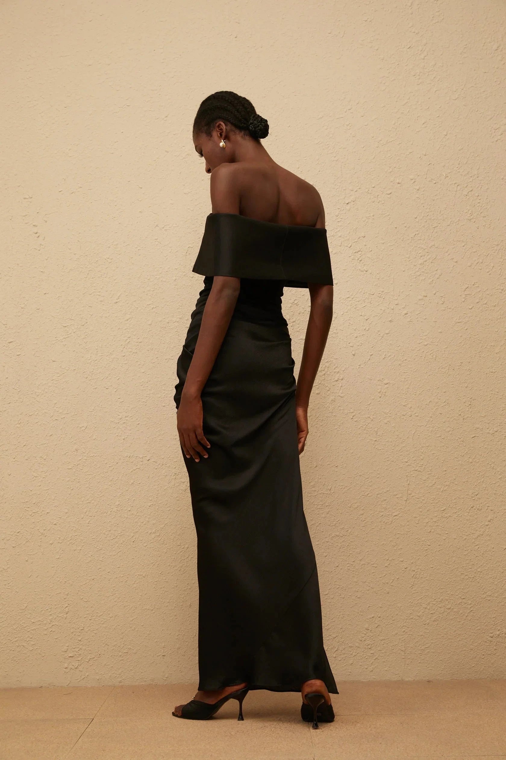 Black Off - Shoulder Ruched Maxi Dress Black Off-Shoulder Satin Maxi Dress by YiHuiw