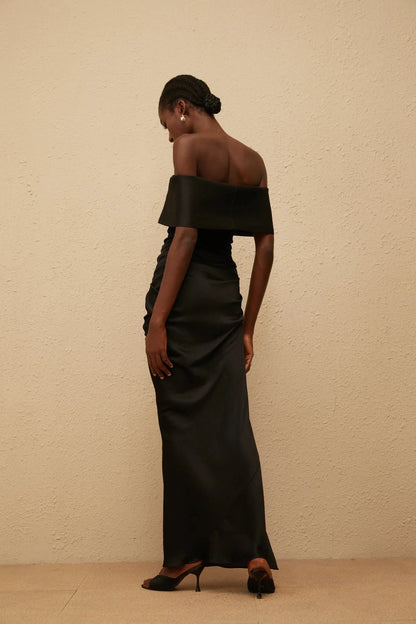Black Off - Shoulder Ruched Maxi Dress Black Off-Shoulder Satin Maxi Dress by YiHuiw