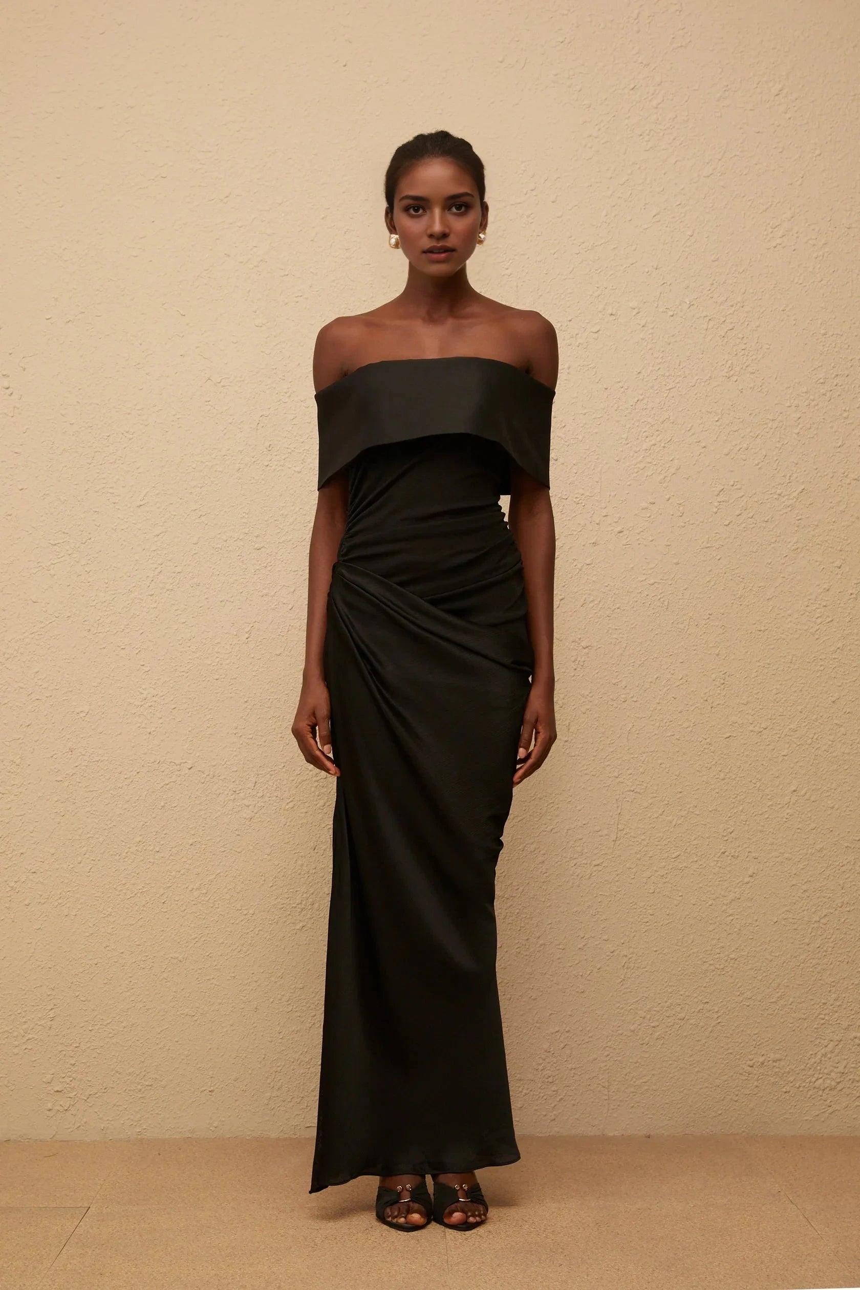Black Off - Shoulder Ruched Maxi Dress Black Off-Shoulder Satin Maxi Dress by YiHuiw