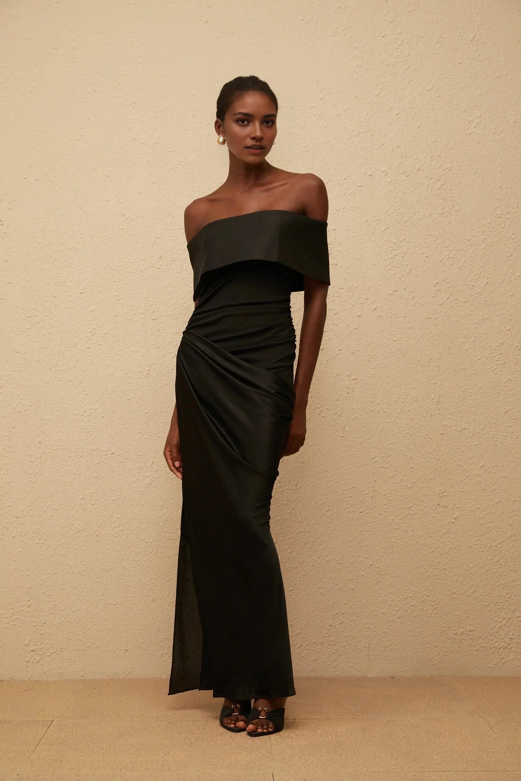 Black Off - Shoulder Ruched Maxi Dress Black Off-Shoulder Satin Maxi Dress by YiHuiw