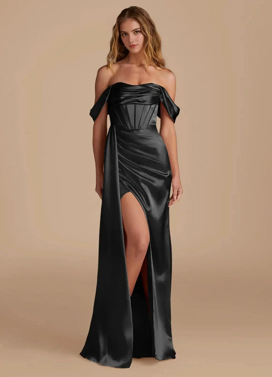 Black Off-Shoulder Satin Maxi Dress with High Side Slit Mermaid Sweetheart Neckline Metallic Satin Convertible Dress Bridesmaid Dresses by YiHuiw