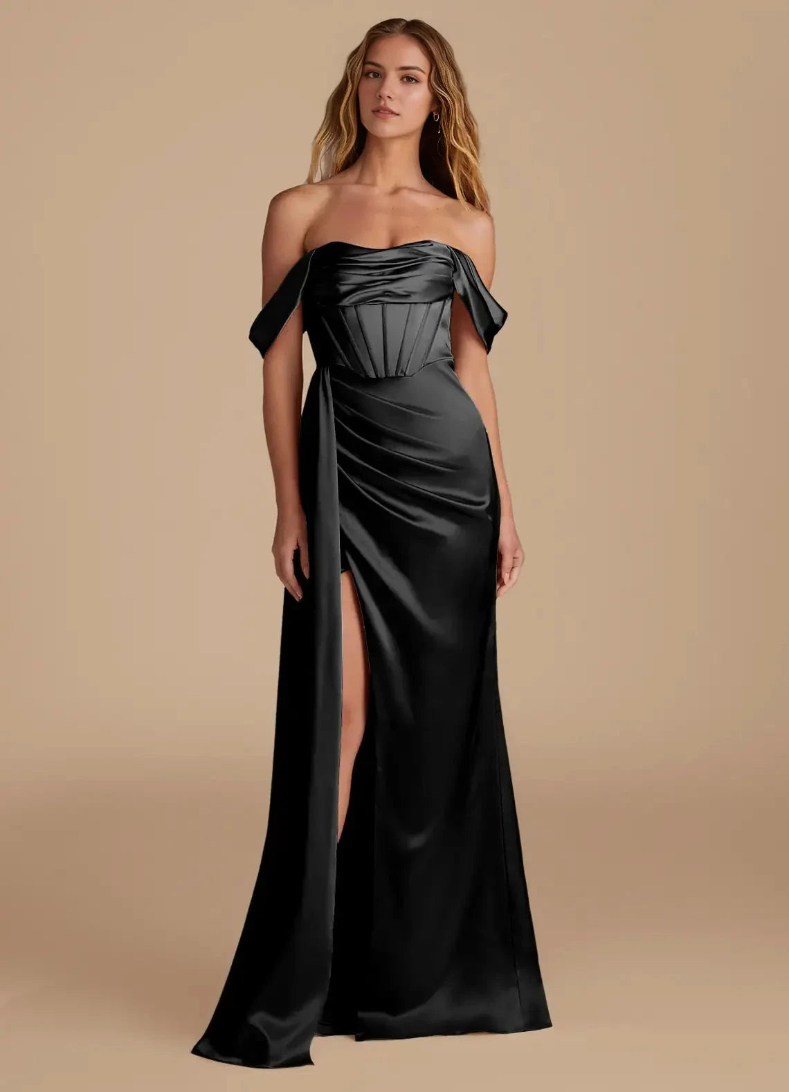 Black Off-Shoulder Satin Maxi Dress with High Side Slit Mermaid Sweetheart Neckline Metallic Satin Convertible Dress Bridesmaid Dresses by YiHuiw