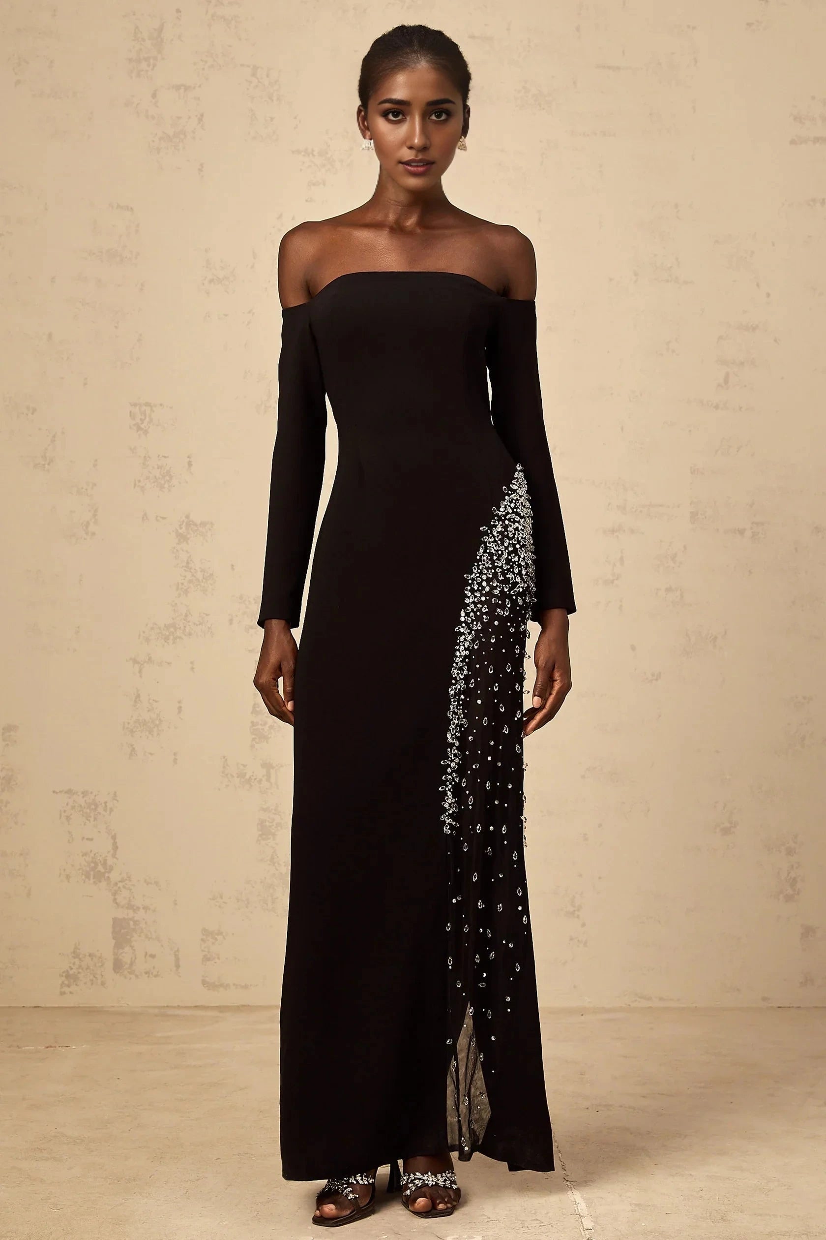 Black Off - Shoulder Sequin Embellished Maxi Dress Hyacinthe black mesh-panel embellished maxi dress Evening Dress by YiHuiw