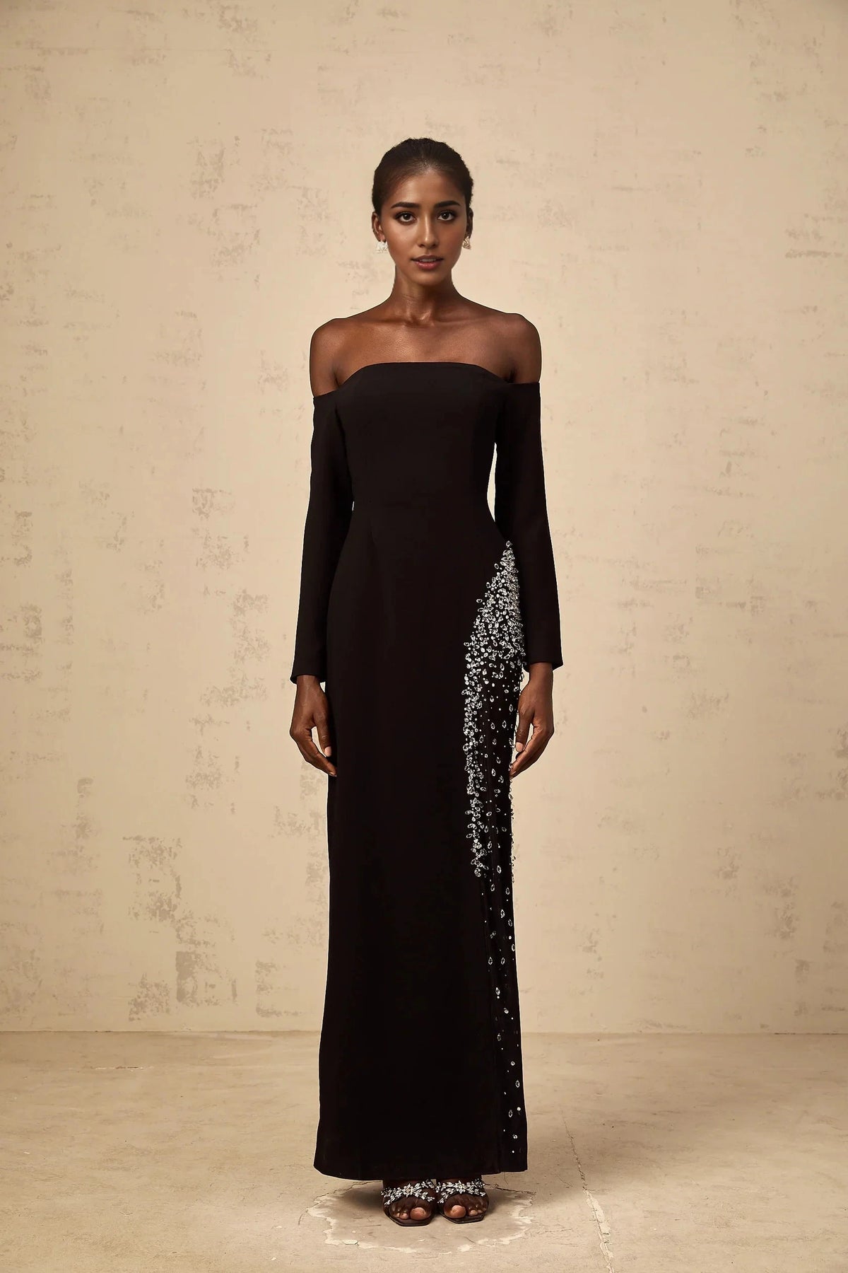 Black Off - Shoulder Sequin Embellished Maxi Dress Hyacinthe black mesh-panel embellished maxi dress Evening Dress by YiHuiw