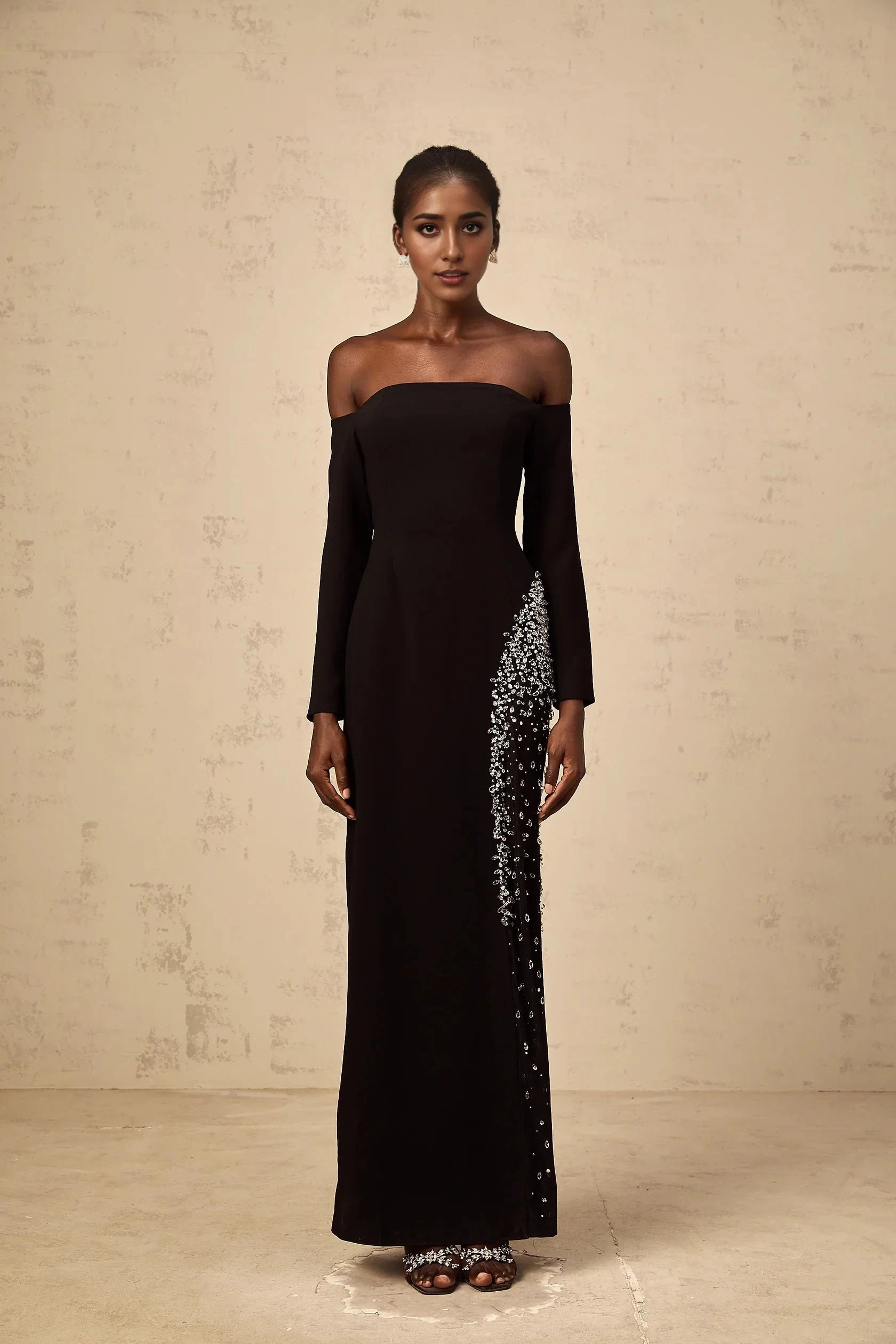 Black Off - Shoulder Sequin Embellished Maxi Dress Hyacinthe black mesh-panel embellished maxi dress Evening Dress by YiHuiw