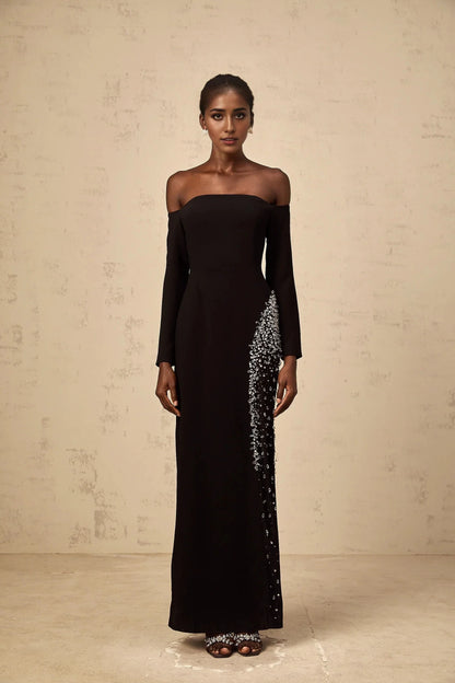 Black Off - Shoulder Sequin Embellished Maxi Dress Hyacinthe black mesh-panel embellished maxi dress Evening Dress by YiHuiw