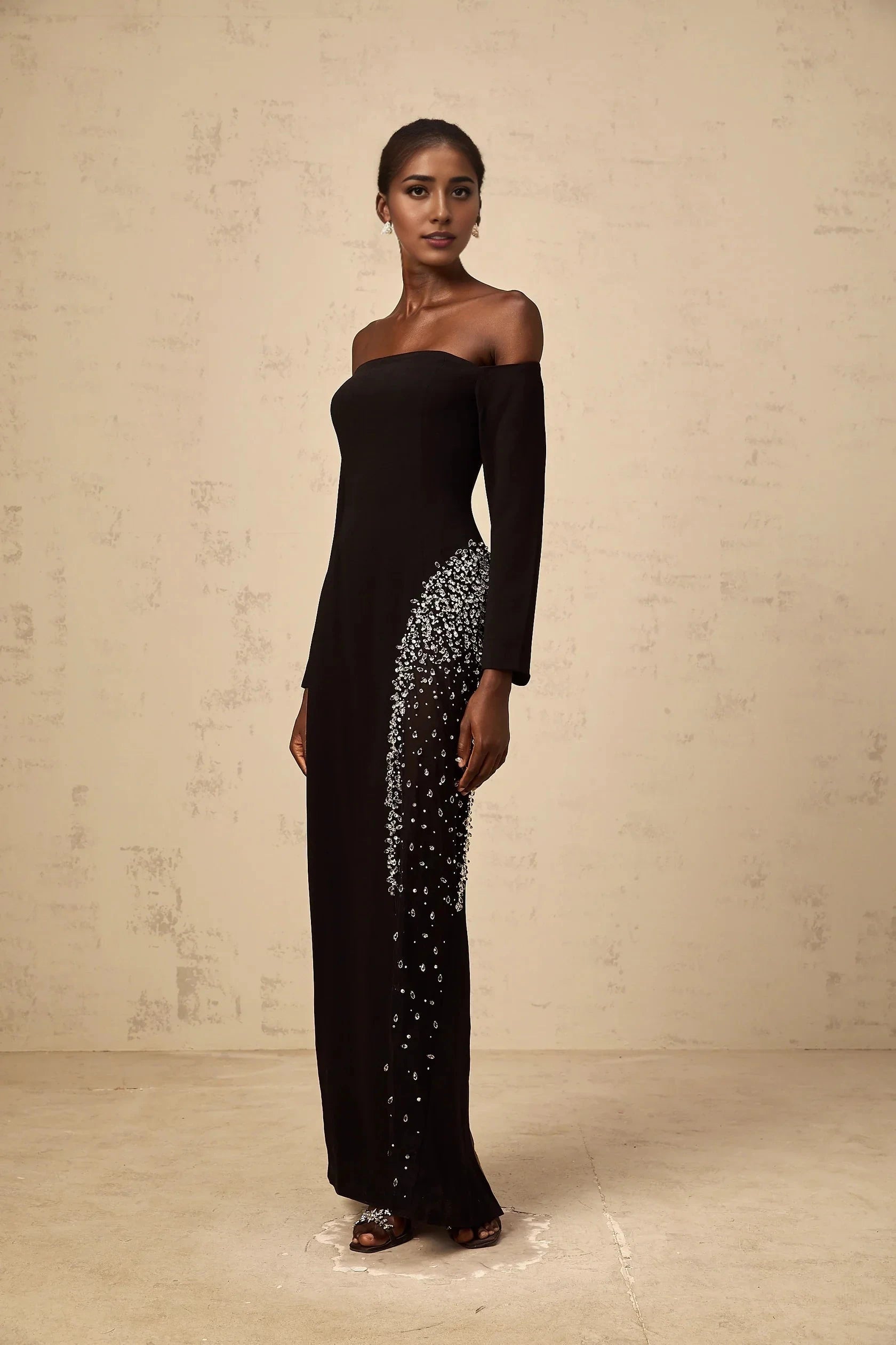 Black Off - Shoulder Sequin Embellished Maxi Dress Hyacinthe black mesh-panel embellished maxi dress Evening Dress by YiHuiw