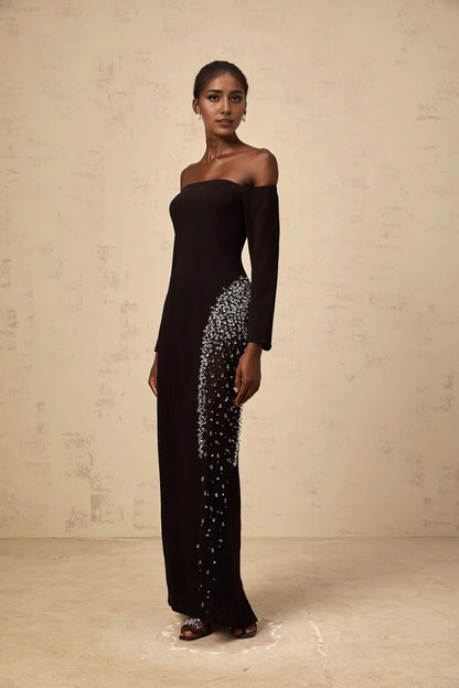 Black Off - Shoulder Sequin Embellished Maxi Dress Hyacinthe black mesh-panel embellished maxi dress Evening Dress by YiHuiw