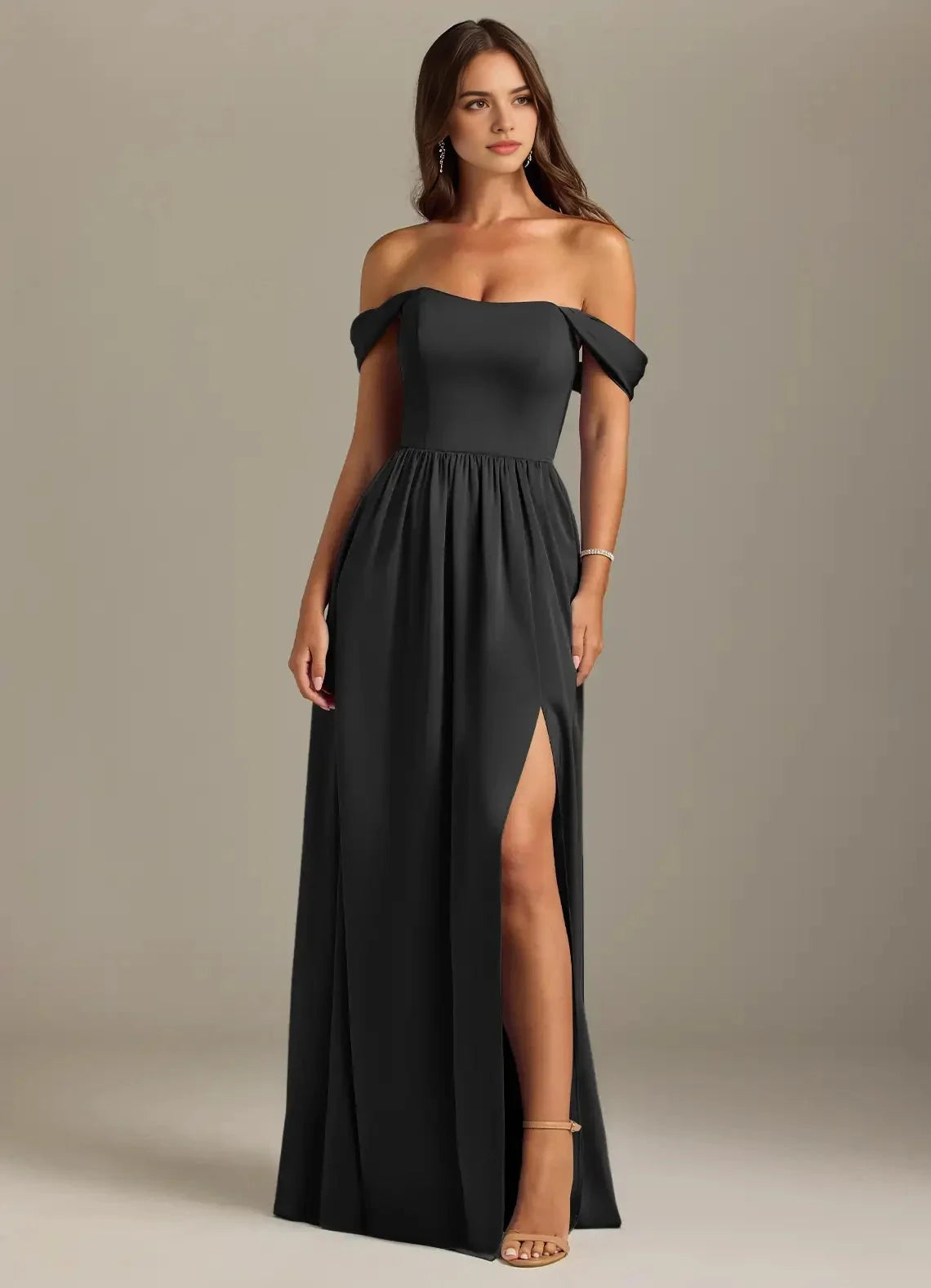 Black Off-Shoulder Spaghetti Strap Maxi Dress Black A-Line Off the Shoulder Stretch Satin Convertible Dress Bridesmaid Dresses by YiHuiw