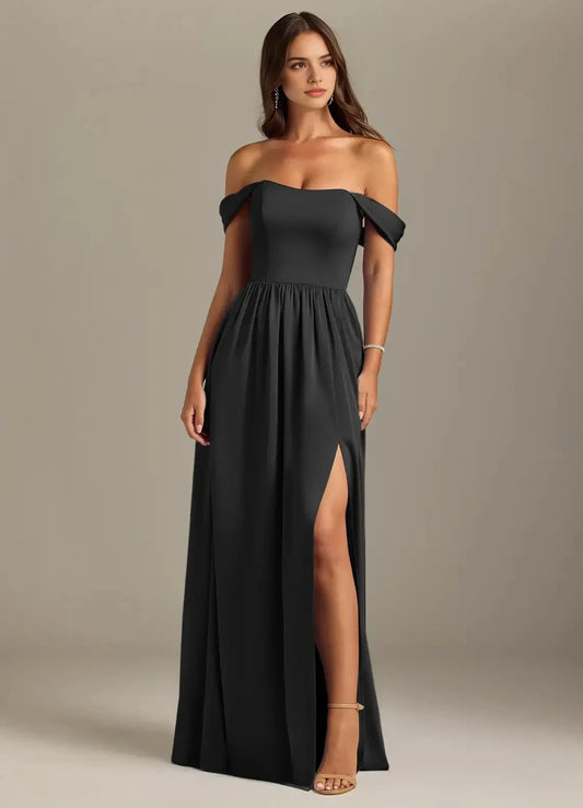 Black Off-Shoulder Spaghetti Strap Maxi Dress Black A-Line Off the Shoulder Stretch Satin Convertible Dress Bridesmaid Dresses by YiHuiw