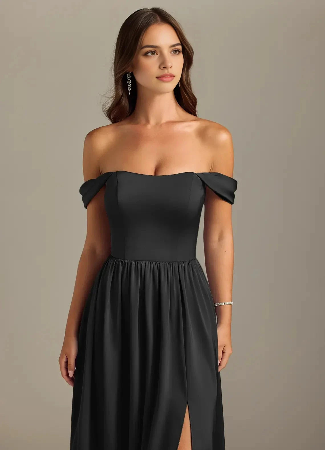 Black Off-Shoulder Spaghetti Strap Maxi Dress Black A-Line Off the Shoulder Stretch Satin Convertible Dress Bridesmaid Dresses by YiHuiw