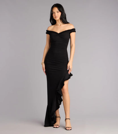 Black Mermaid Ruffled Floor-Length Wedding Dress - Yihuiw by Yihuiw