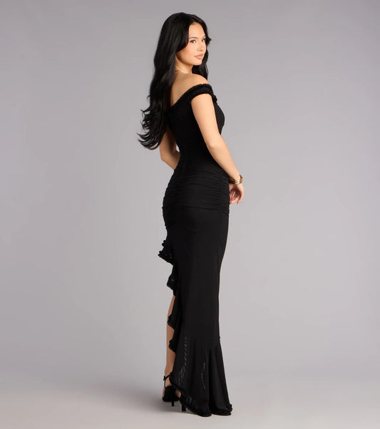 Black Mermaid Ruffled Floor-Length Wedding Dress - Yihuiw by Yihuiw
