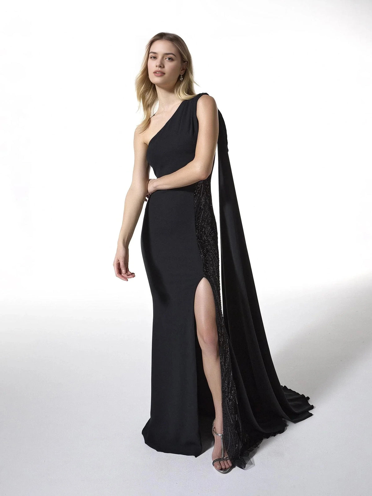 Black One-Shoulder Cape Maxi Dress with Sequin Side Asymmetrical neck mermaid party dress in crepe Bridesmaid Dresses by YiHuiw