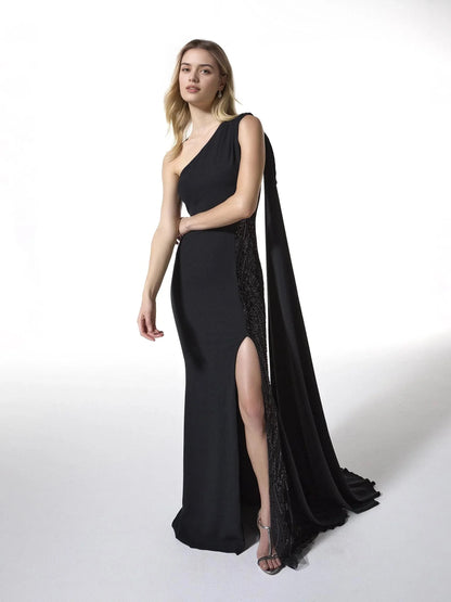 Black One-Shoulder Cape Maxi Dress with Sequin Side Asymmetrical neck mermaid party dress in crepe Bridesmaid Dresses by YiHuiw