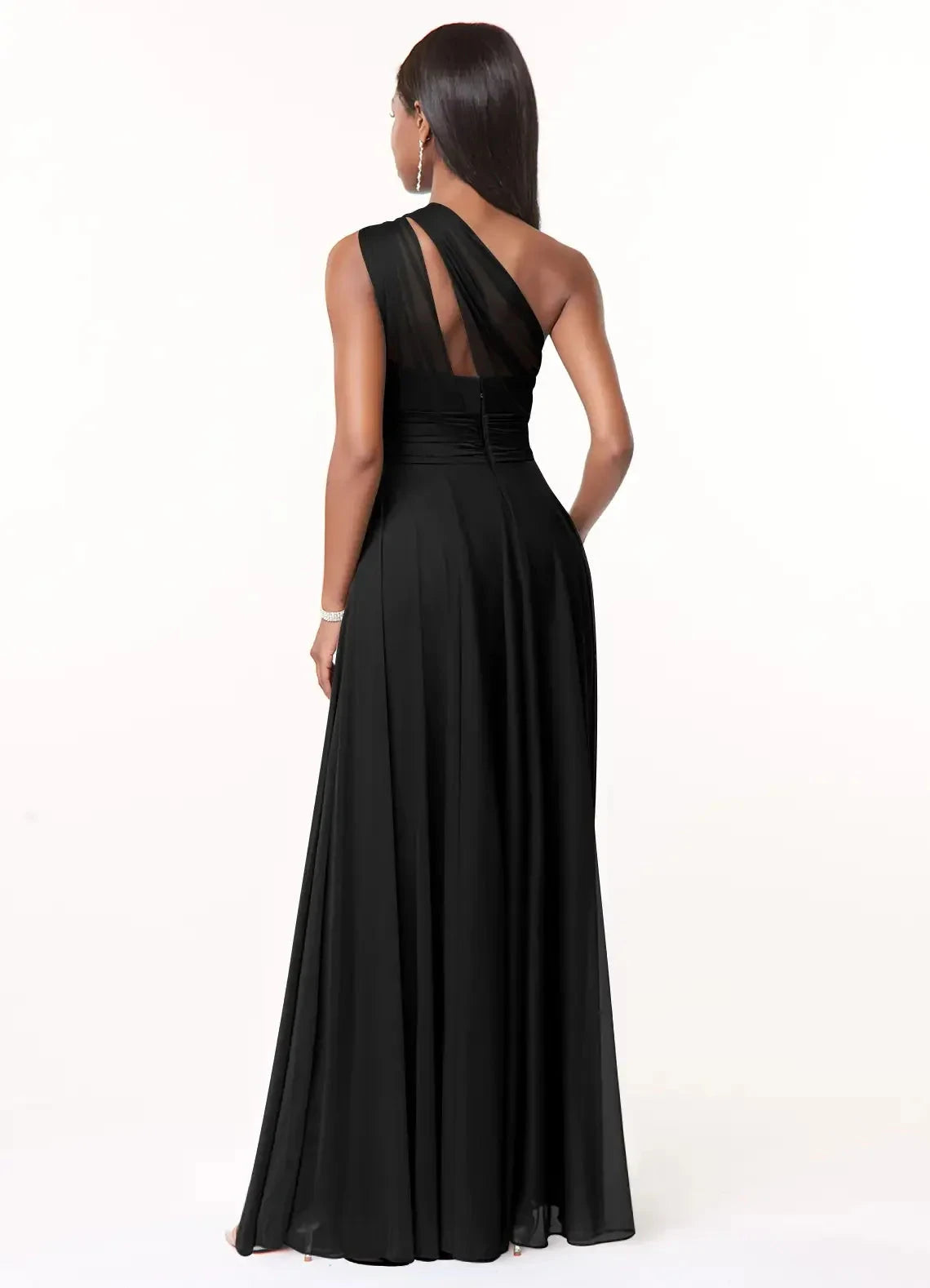 Black One-Shoulder Chiffon Maxi Dress with Sheer Detail A-Line One Shoulder Mesh Dress Bridesmaid Dresses by YiHuiw