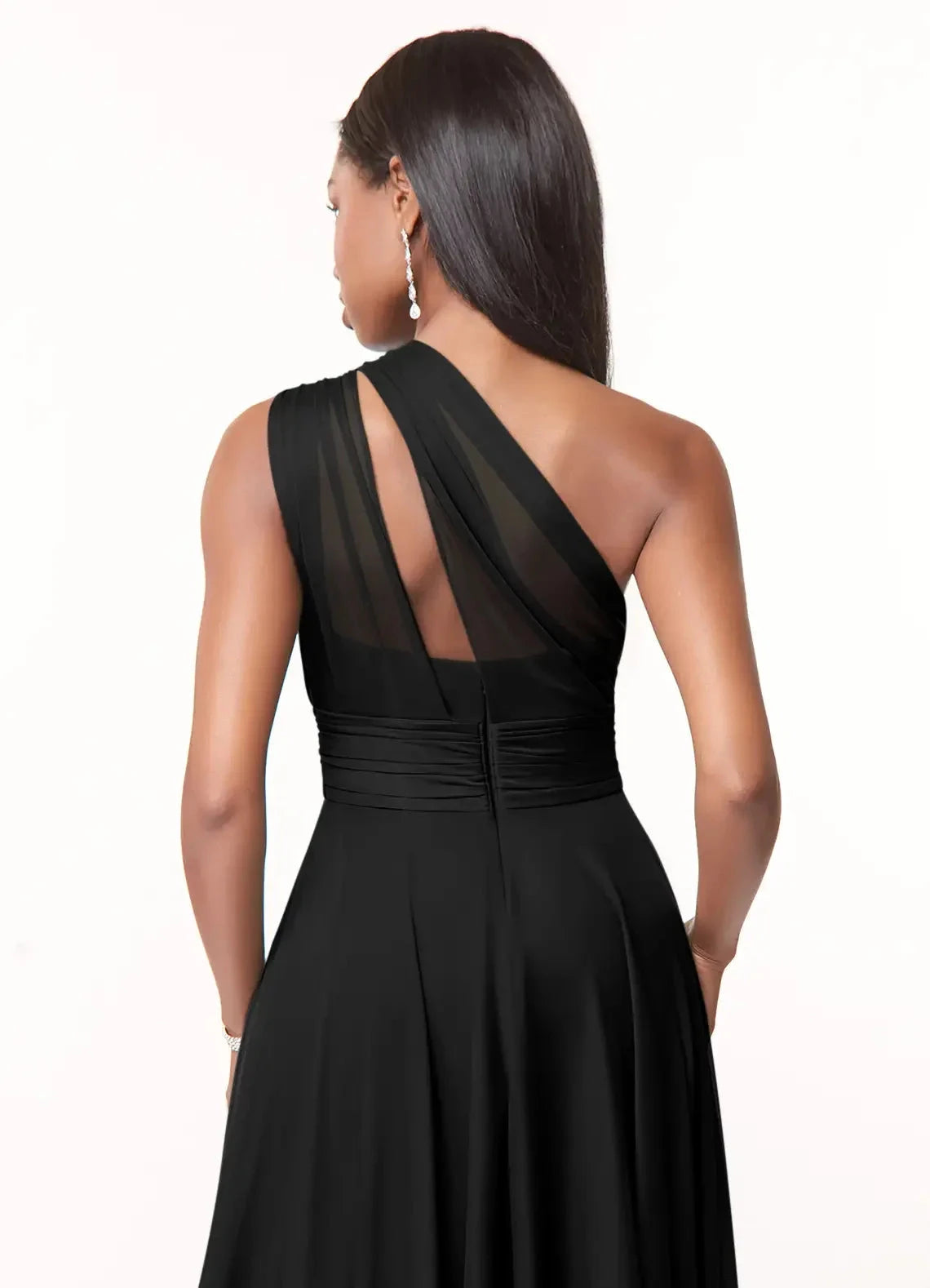Black One-Shoulder Chiffon Maxi Dress with Sheer Detail A-Line One Shoulder Mesh Dress Bridesmaid Dresses by YiHuiw