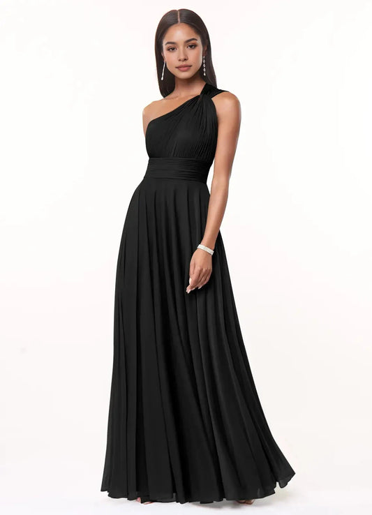 Black One-Shoulder Chiffon Maxi Dress with Sheer Detail A-Line One Shoulder Mesh Dress Bridesmaid Dresses by YiHuiw