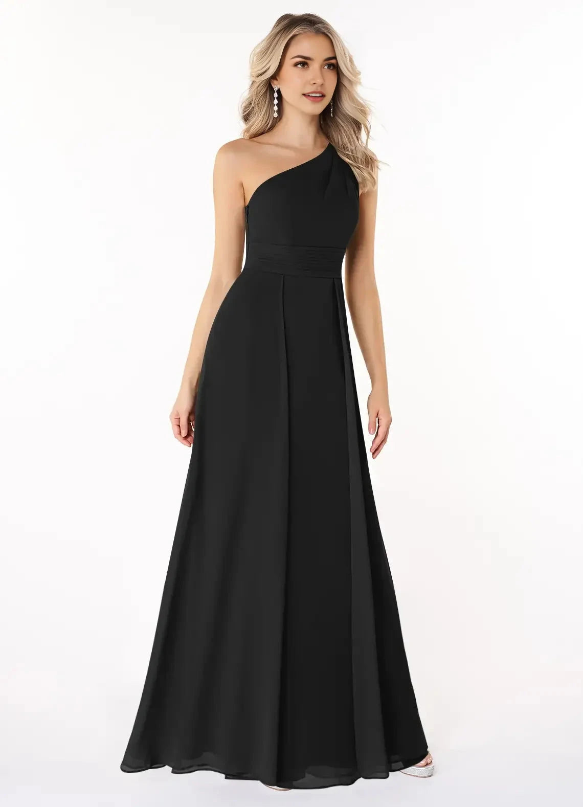 Black One-Shoulder Chiffon Maxi Dress Black A-Line One Shoulder Chiffon Dress Bridesmaid Dresses by YiHuiw