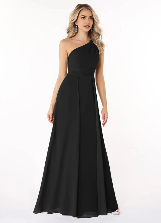 Black One-Shoulder Chiffon Maxi Dress Black A-Line One Shoulder Chiffon Dress Bridesmaid Dresses by YiHuiw