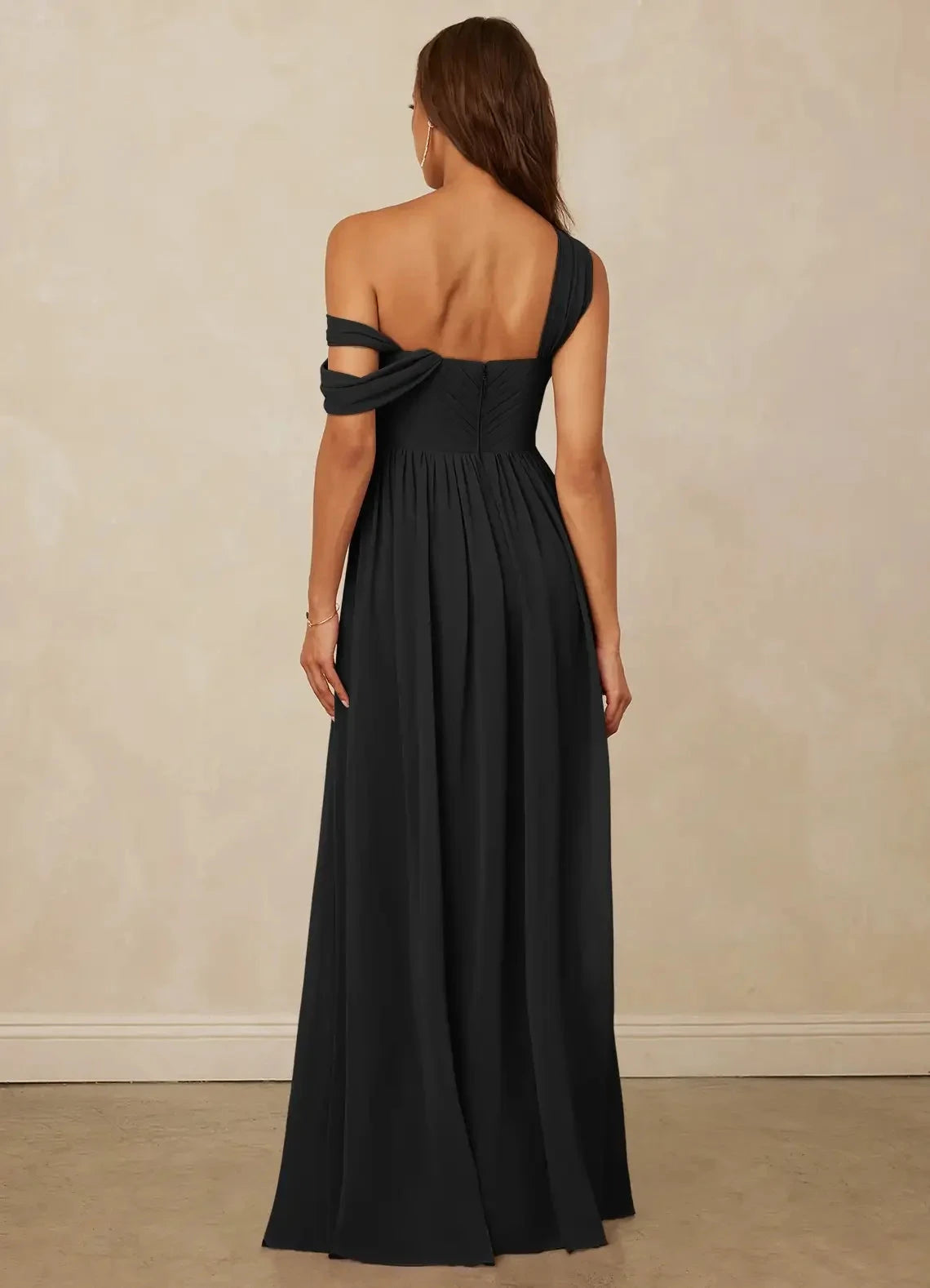 Black One-Shoulder Draped Maxi Dress with Side Slit A-Line Off the Shoulder Chiffon Dress Bridesmaid Dresses by YiHuiw
