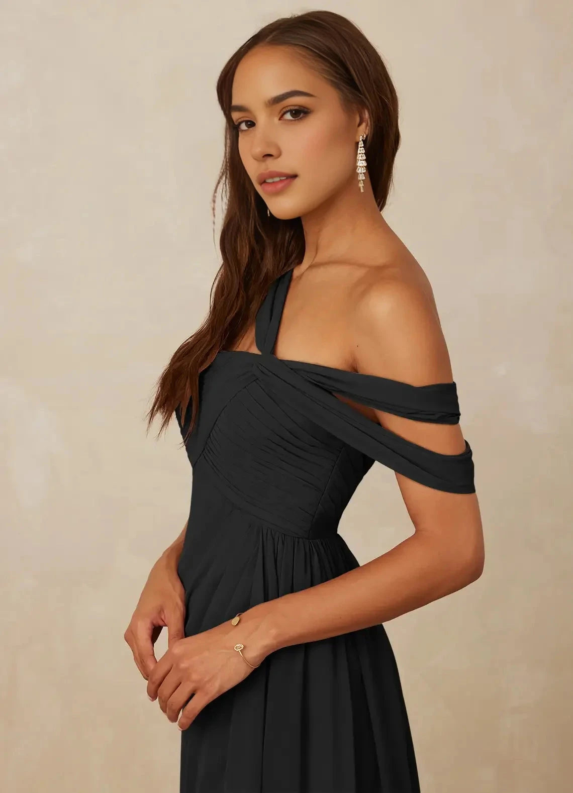 Black One-Shoulder Draped Maxi Dress with Side Slit A-Line Off the Shoulder Chiffon Dress Bridesmaid Dresses by YiHuiw
