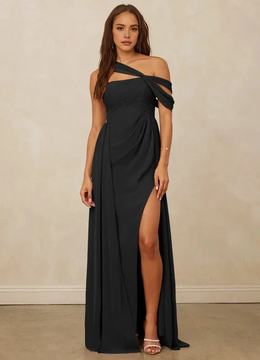 Black One-Shoulder Draped Maxi Dress with Side Slit A-Line Off the Shoulder Chiffon Dress Bridesmaid Dresses by YiHuiw