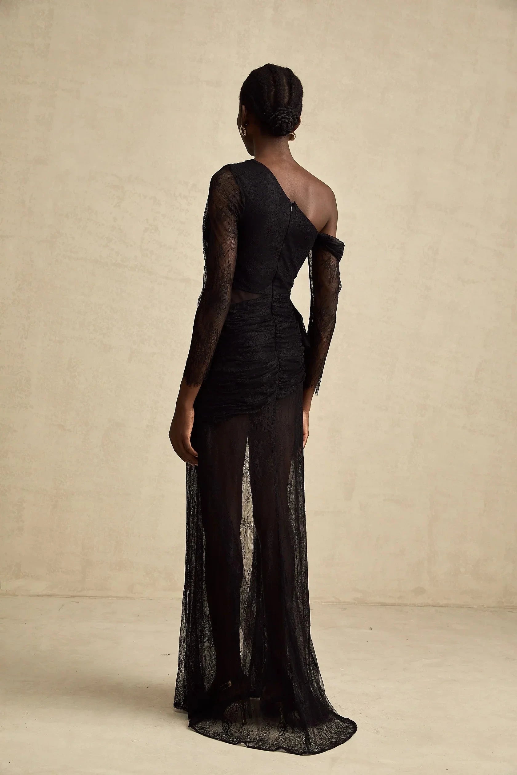 Black One - Shoulder Lace Ruched Maxi Dress black one-shoulder cut-out maxi dress Evening Dress by YiHuiw