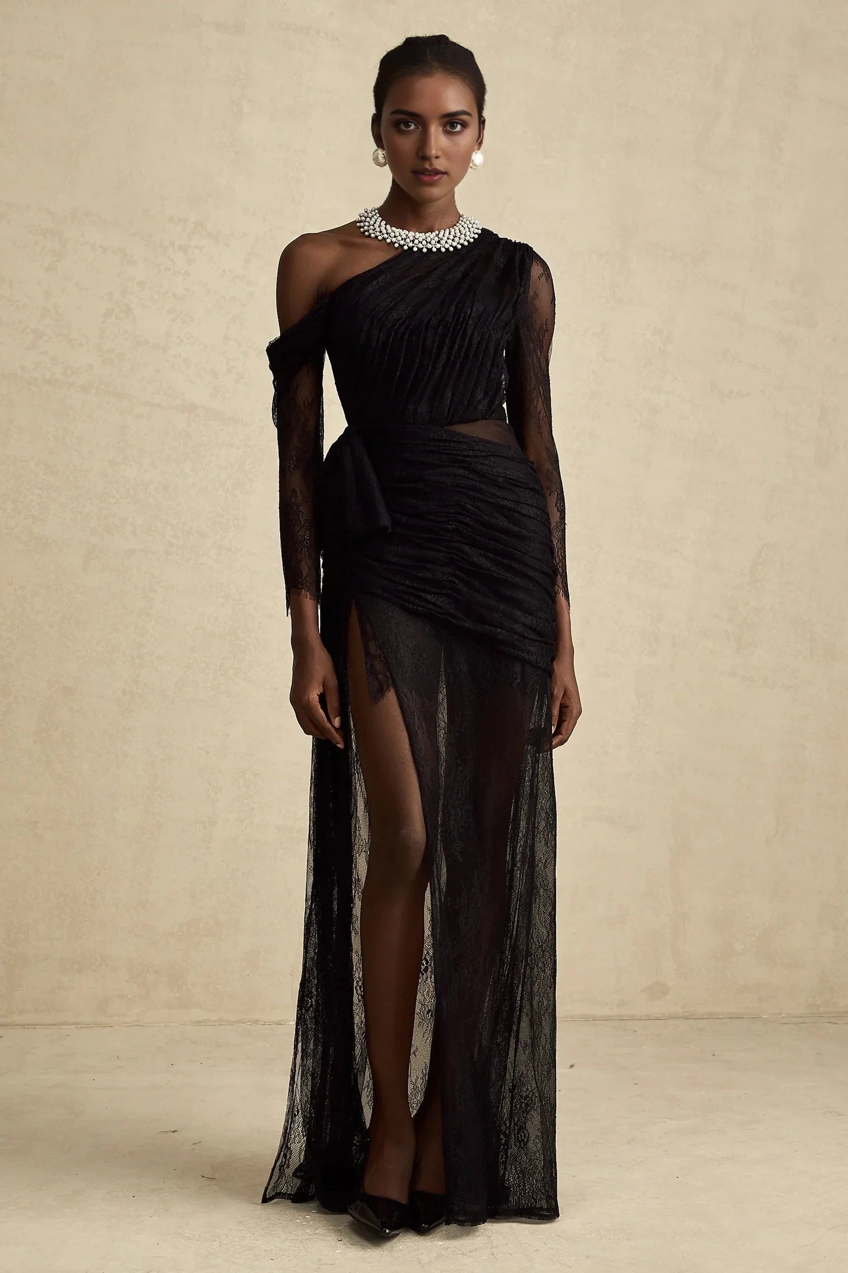Black One - Shoulder Lace Ruched Maxi Dress black one-shoulder cut-out maxi dress Evening Dress by YiHuiw