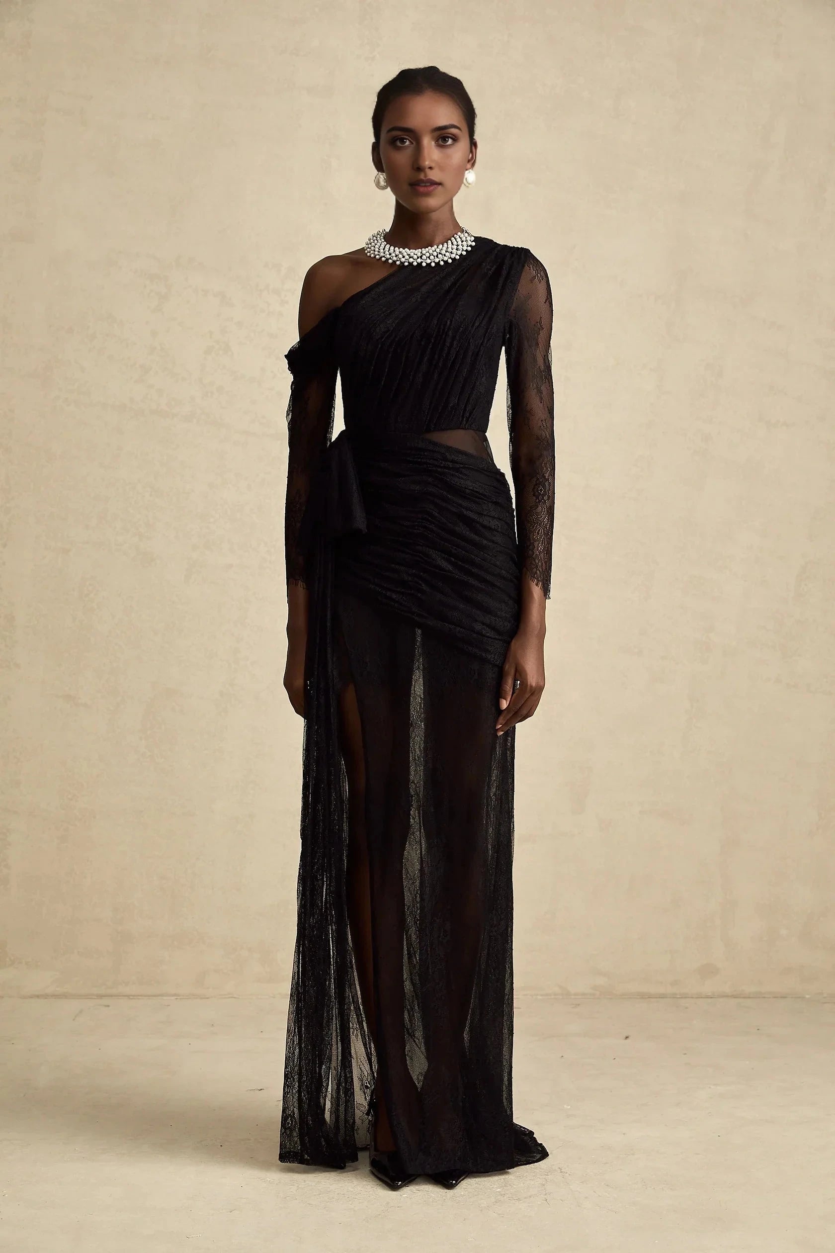 Black One - Shoulder Lace Ruched Maxi Dress black one-shoulder cut-out maxi dress Evening Dress by YiHuiw
