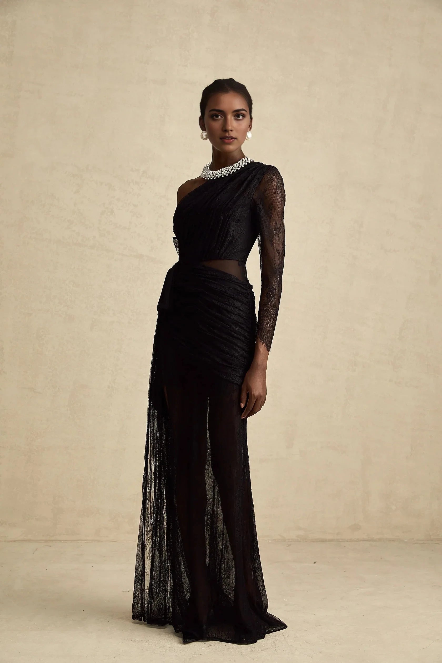 Black One - Shoulder Lace Ruched Maxi Dress black one-shoulder cut-out maxi dress Evening Dress by YiHuiw