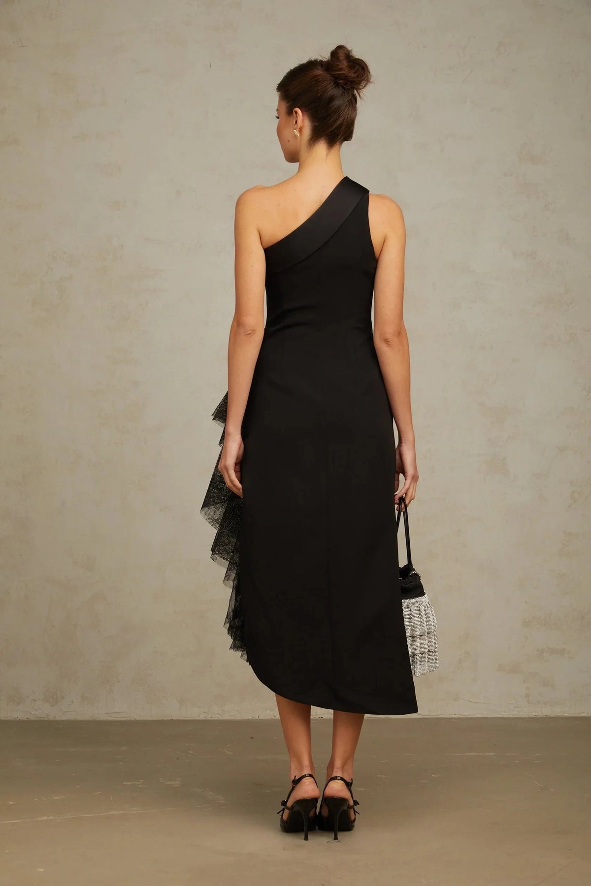 Black And Cream Contrast Midi Dress Bernadette black lace-panell asymmetrical midi dress Evening Dress by YiHuiw