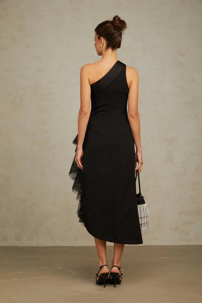 Black And Cream Contrast Midi Dress Bernadette black lace-panell asymmetrical midi dress Evening Dress by YiHuiw