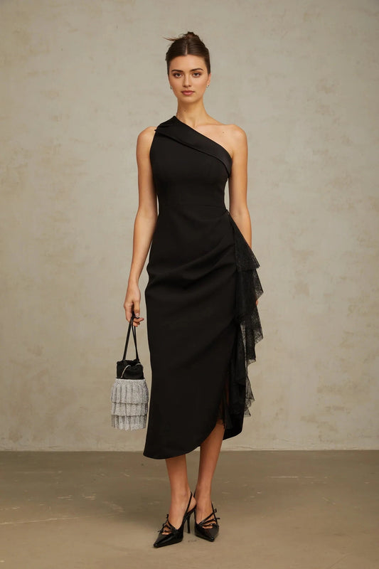 Black And Cream Contrast Midi Dress Bernadette black lace-panell asymmetrical midi dress Evening Dress by YiHuiw
