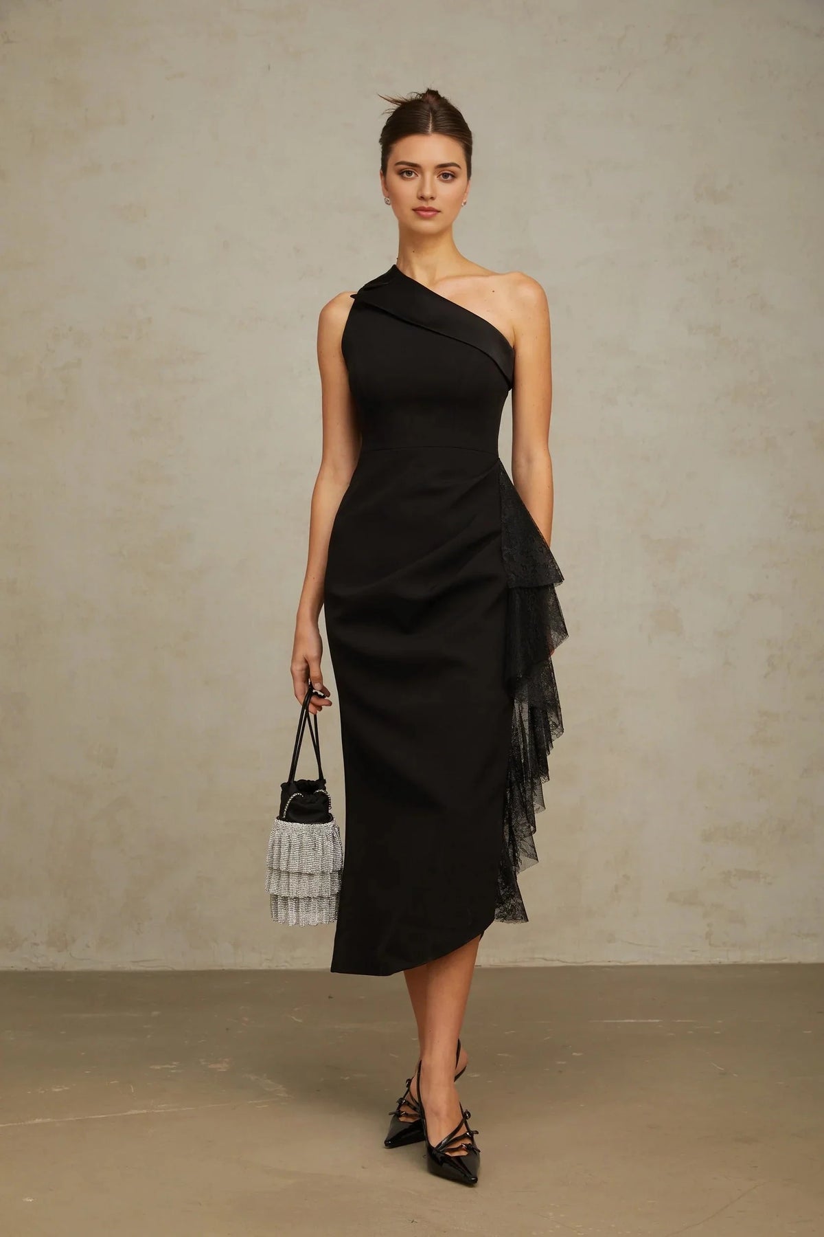Black And Cream Contrast Midi Dress Bernadette black lace-panell asymmetrical midi dress Evening Dress by YiHuiw