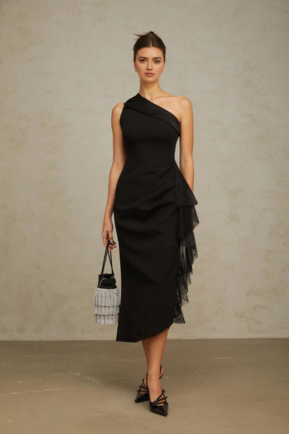 Black And Cream Contrast Midi Dress Bernadette black lace-panell asymmetrical midi dress Evening Dress by YiHuiw