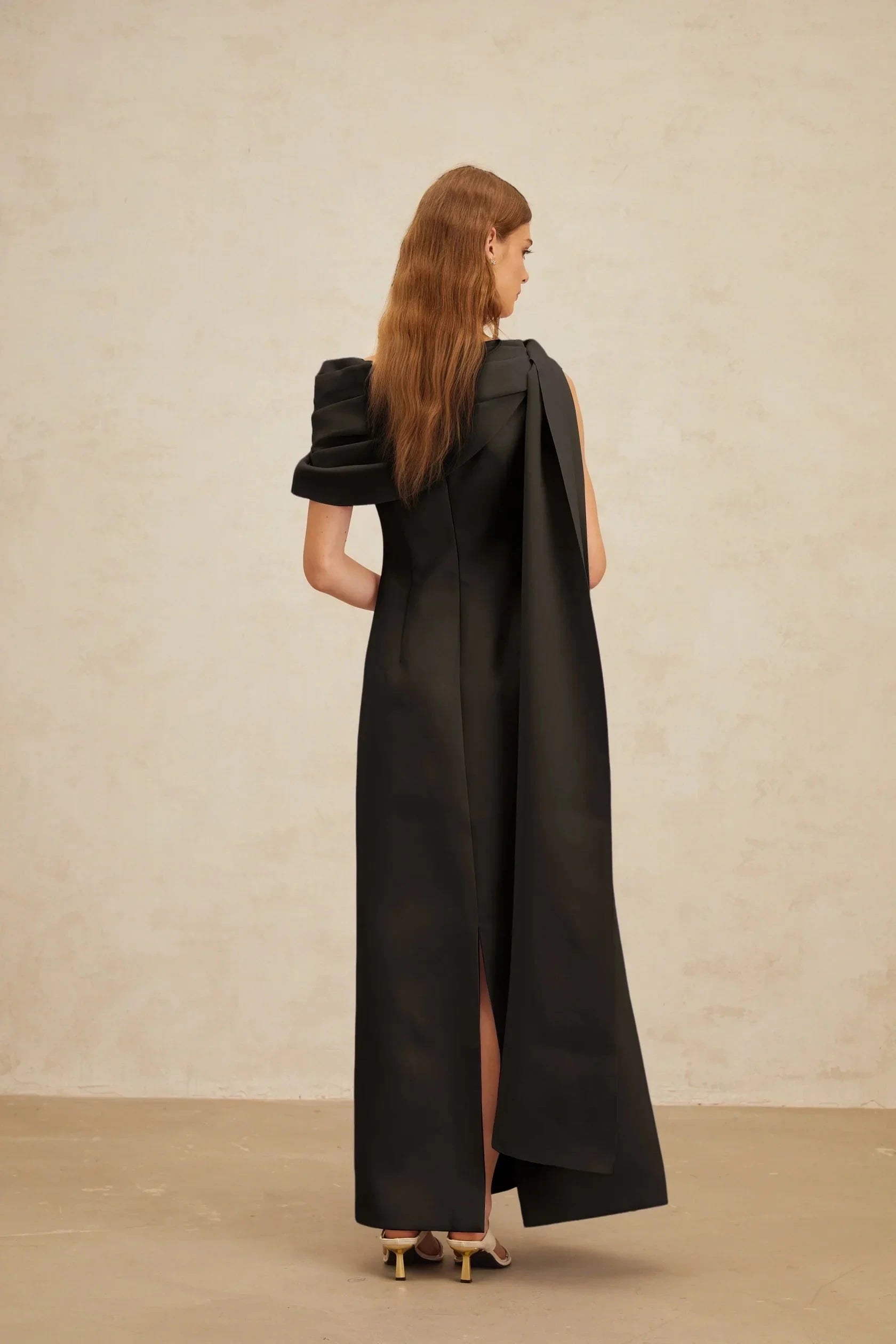 Black One - Shoulder Maxi Dress with Draped Cape Detail Black Cape-Design Ribbon Maxi Dress Evening Dress by YiHuiw