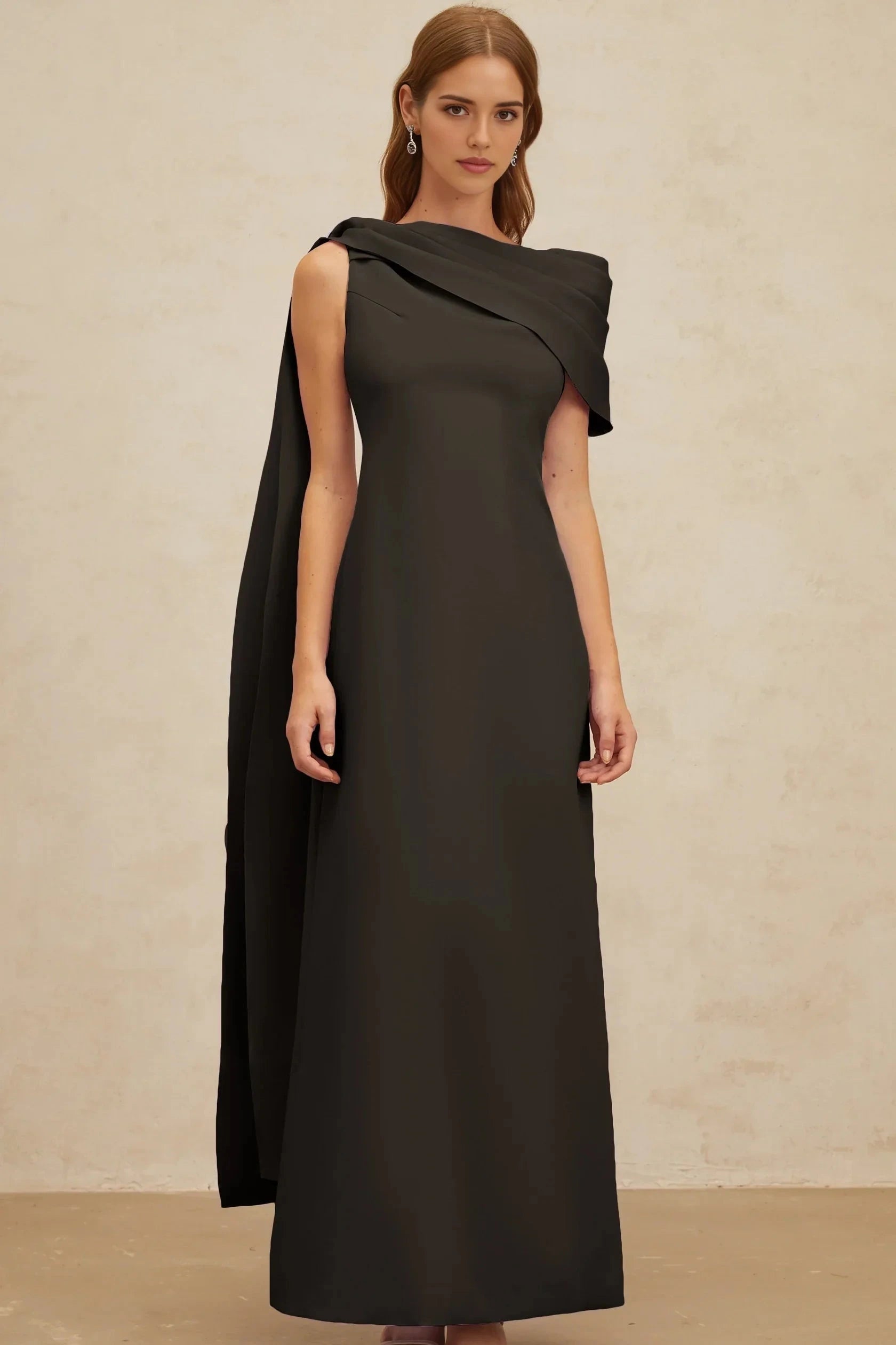 Black One - Shoulder Maxi Dress with Draped Cape Detail Black Cape-Design Ribbon Maxi Dress Evening Dress by YiHuiw