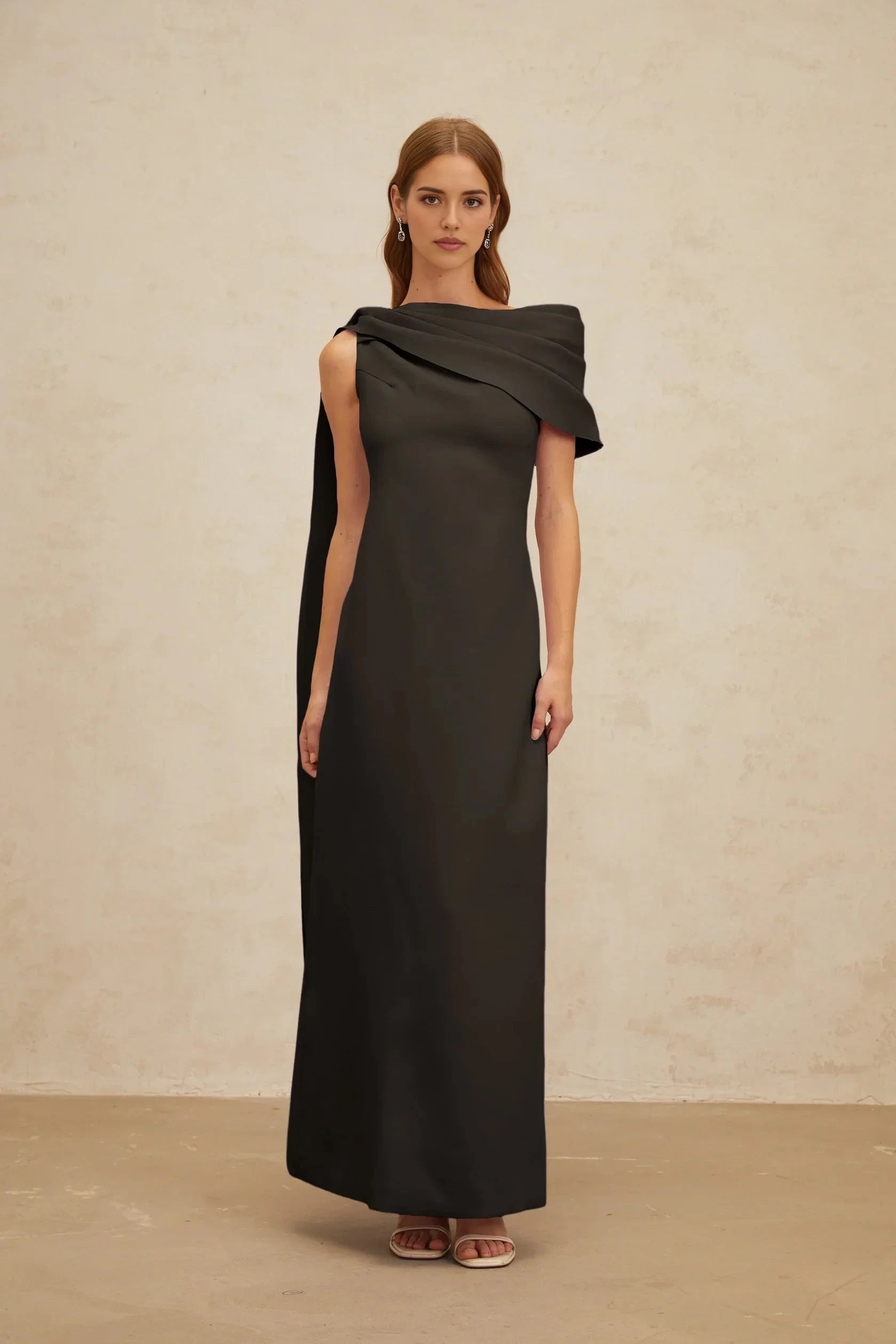 Black One - Shoulder Maxi Dress with Draped Cape Detail Black Cape-Design Ribbon Maxi Dress Evening Dress by YiHuiw