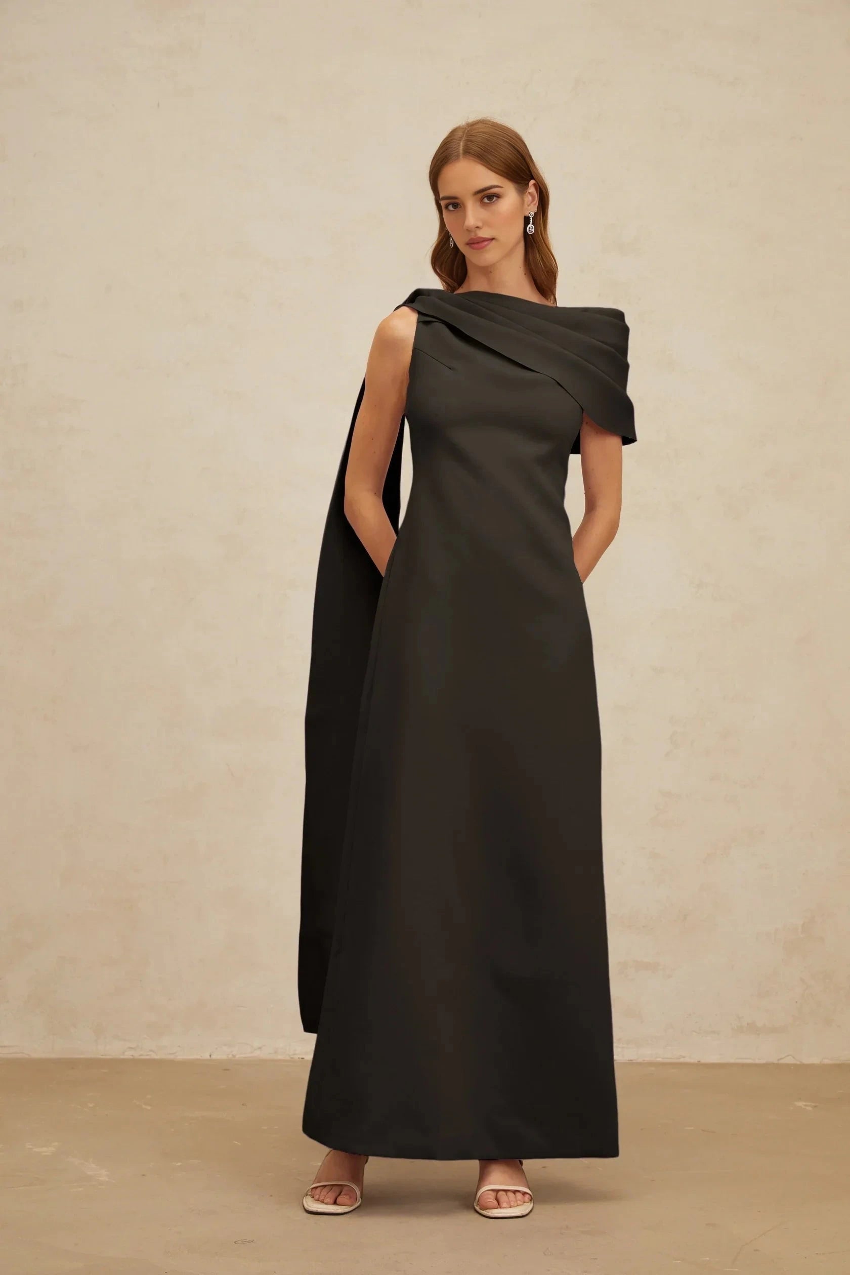 Black One - Shoulder Maxi Dress with Draped Cape Detail Black Cape-Design Ribbon Maxi Dress Evening Dress by YiHuiw