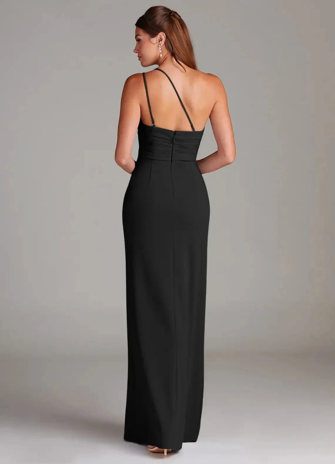 Black Sheath One Shoulder Stretch Crepe Dress Black One - Shoulder Maxi Dress with Side Slit Bridesmaid Dresses by YiHuiw
