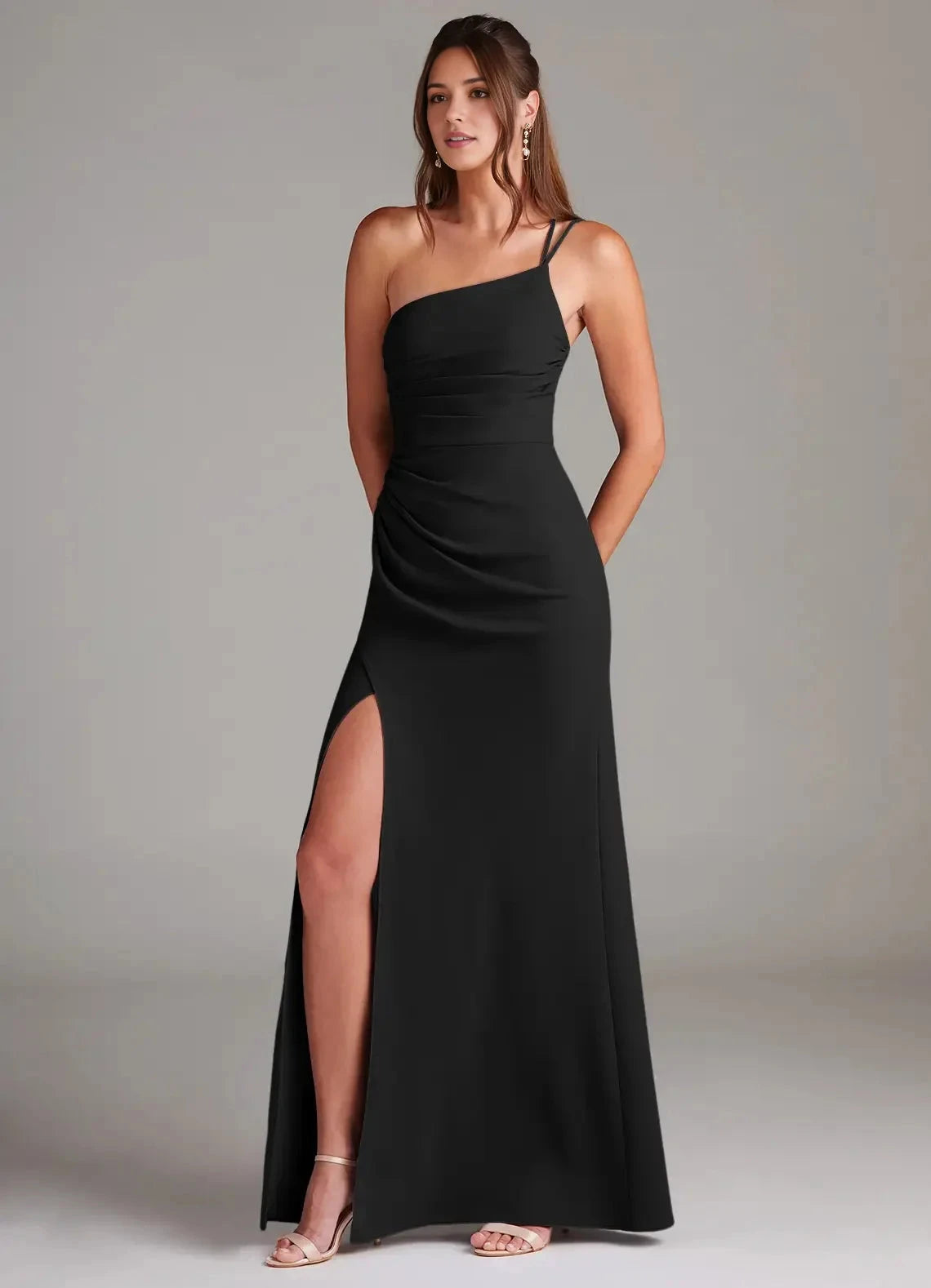 Black Sheath One Shoulder Stretch Crepe Dress Black One - Shoulder Maxi Dress with Side Slit Bridesmaid Dresses by YiHuiw