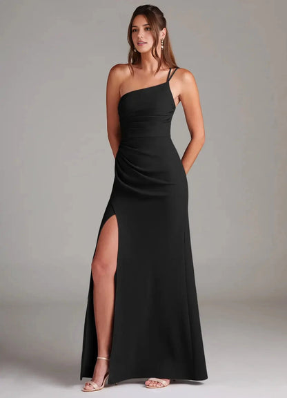 Black Sheath One Shoulder Stretch Crepe Dress Black One - Shoulder Maxi Dress with Side Slit Bridesmaid Dresses by YiHuiw
