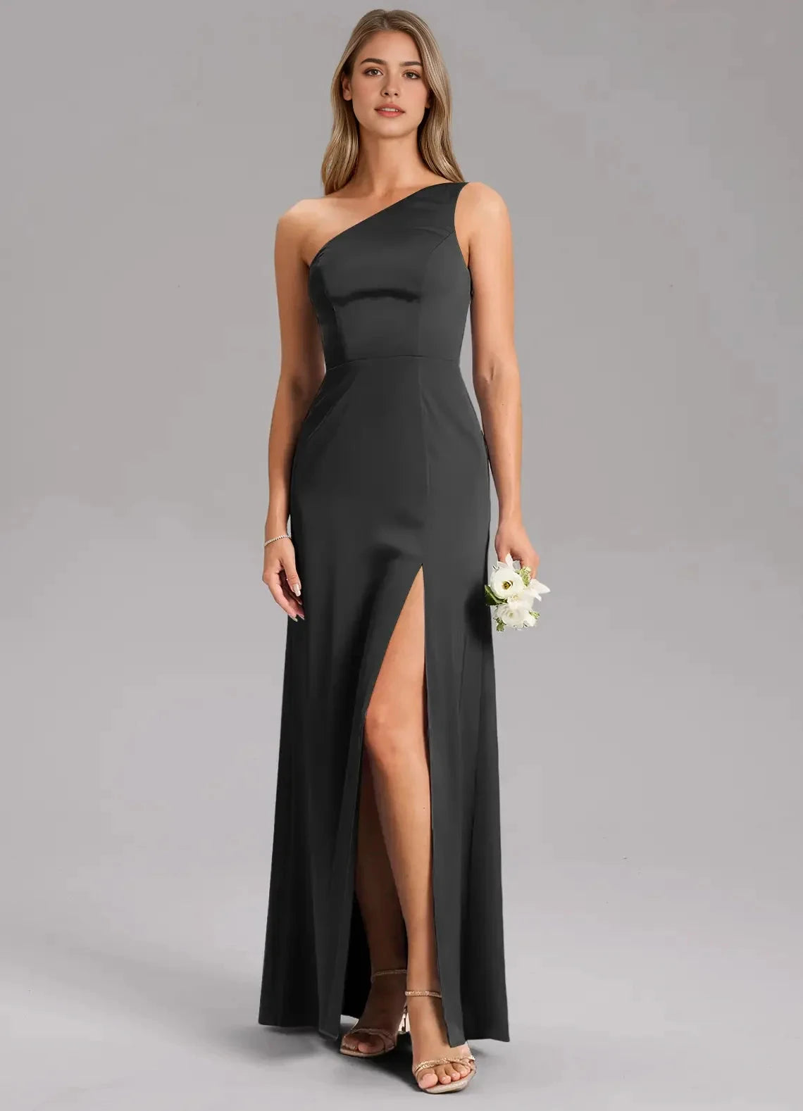 Black One-Shoulder Maxi Dress with Side Slit A-Line One Shoulder Stretch Satin Dress Bridesmaid Dresses by YiHuiw