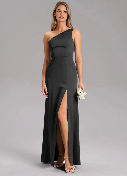 Black One-Shoulder Maxi Dress with Side Slit A-Line One Shoulder Stretch Satin Dress Bridesmaid Dresses by YiHuiw