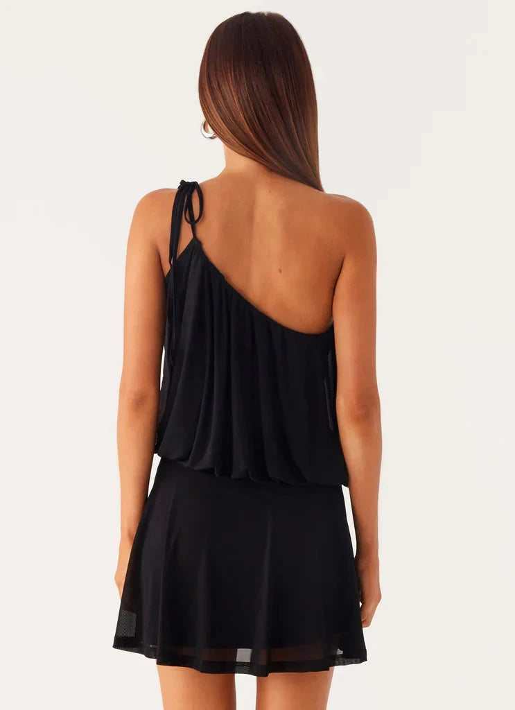 Black One - Shoulder Mini Dress with Flowy Silhouette - Asymmetrical neckline Mini length Bridesmaid Dresses by YiHuiw
