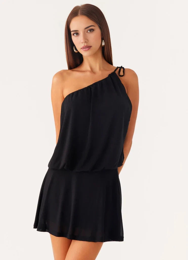 Black One - Shoulder Mini Dress with Flowy Silhouette - Asymmetrical neckline Mini length Bridesmaid Dresses by YiHuiw