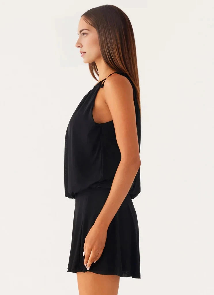Black One - Shoulder Mini Dress with Flowy Silhouette - Asymmetrical neckline Mini length Bridesmaid Dresses by YiHuiw