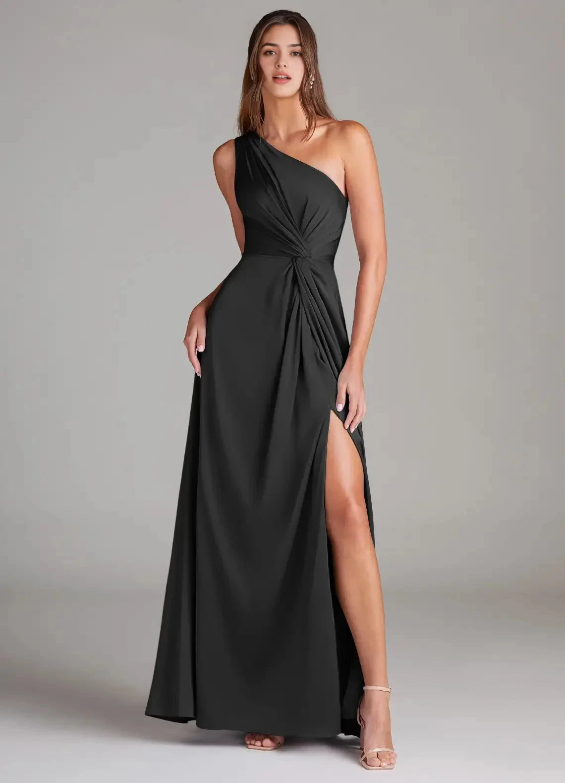 Black One-Shoulder Ruched Maxi Dress with Side Slit Black A-Line One Shoulder Stretch Satin Dress Bridesmaid Dresses by YiHuiw